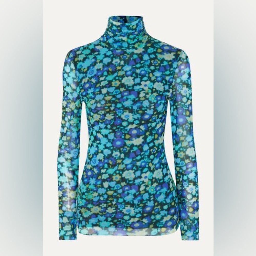 GANNI Floral Blue Mesh Long Sleeve Women's Top